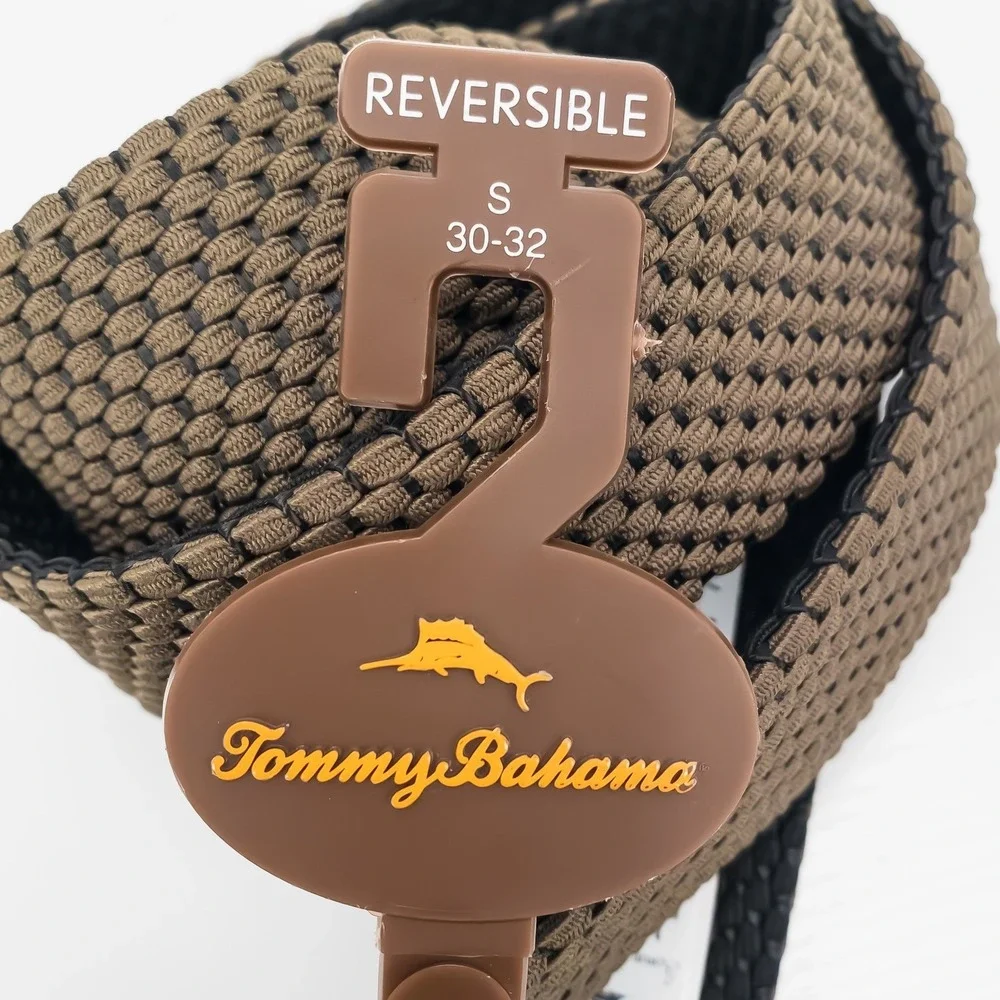 Tommy Bahama Belt Mens Olive Black‎ Reversible Braided Stretch Small 30-32